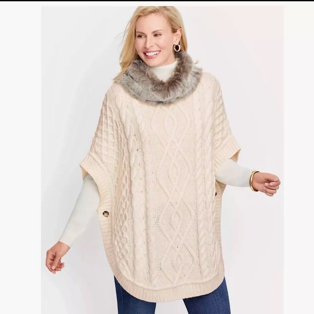 Talbots cream shawl faux fur collar , button side Sz M Cotton blend cable knit